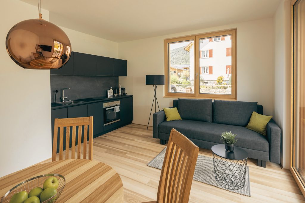 am Greben Apartments, Apartment eins, Ferienwohnung, Küche und Wohnbereich